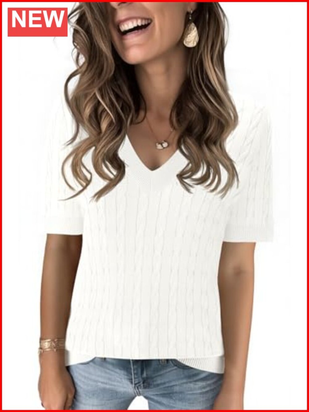 Lightweight V-Neck Cable Knit Short Sleeve Pullover Sweater